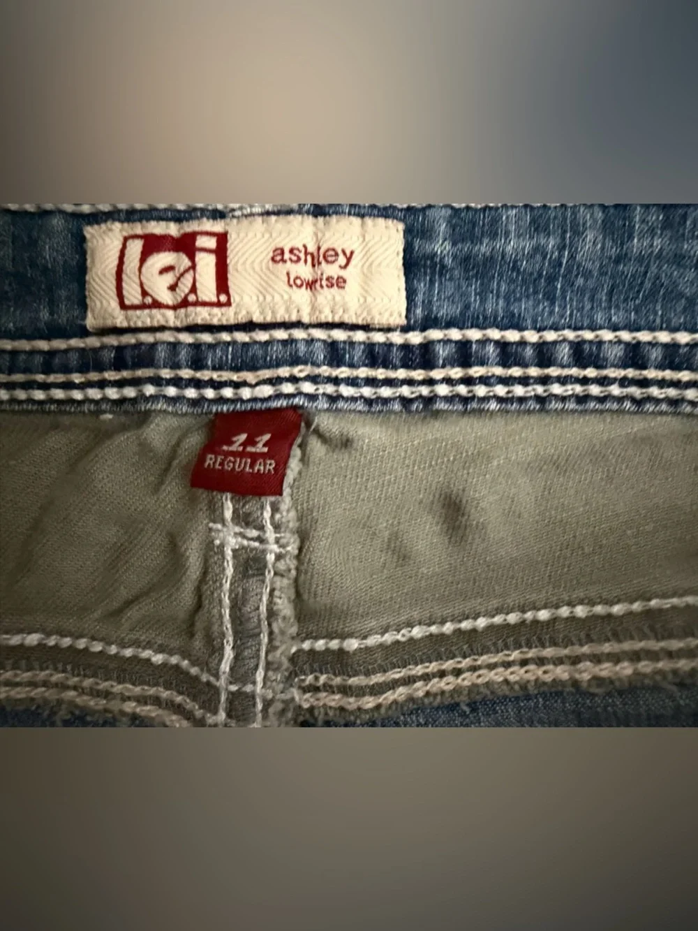 Vtg Y2K L.e.i. Juniors 11  Ashley  Low Rise Jean Shorts Denim Camo Lace Fringe - Picture 7 of 8